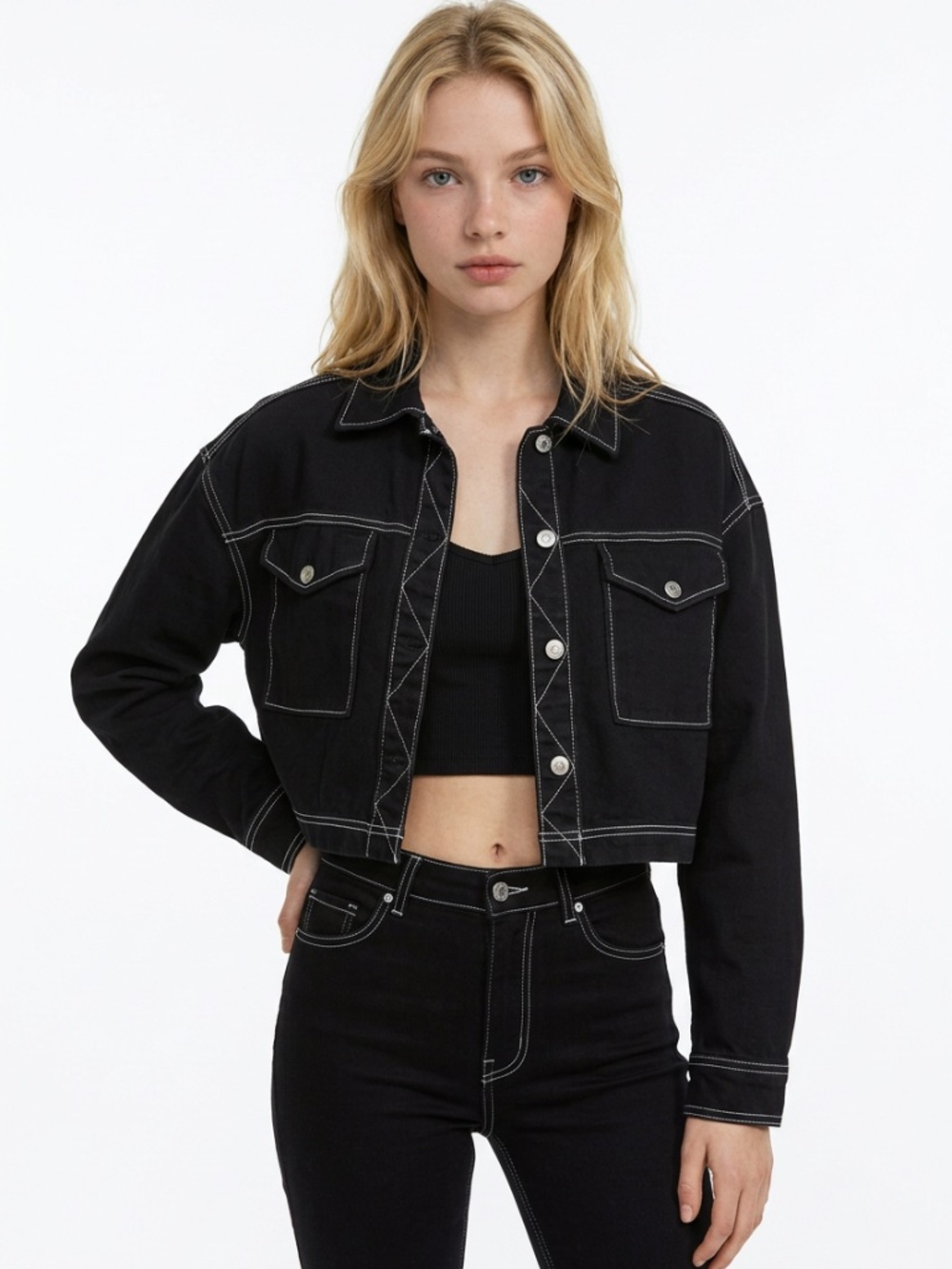 H&M DIVIDED • Black Cropped Trucker Jacket M Contrast Stitch Y2K Utility